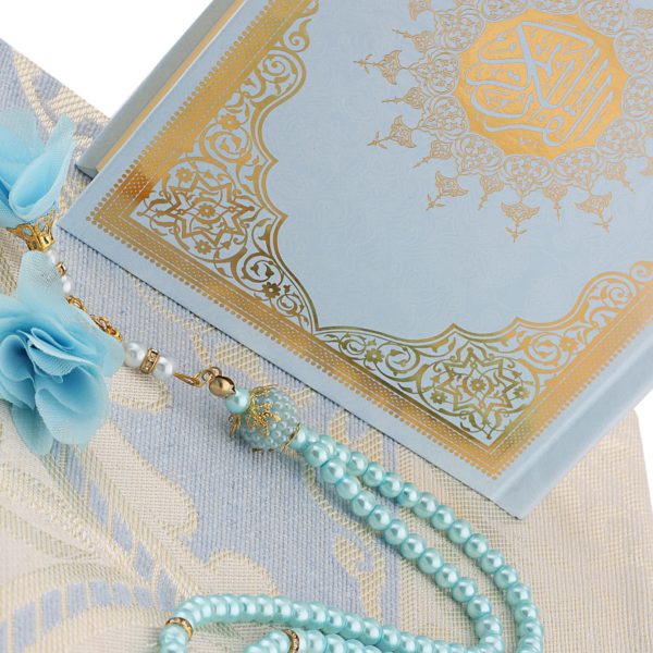 Coffret bleu tapis de prière, Coran et chapelet