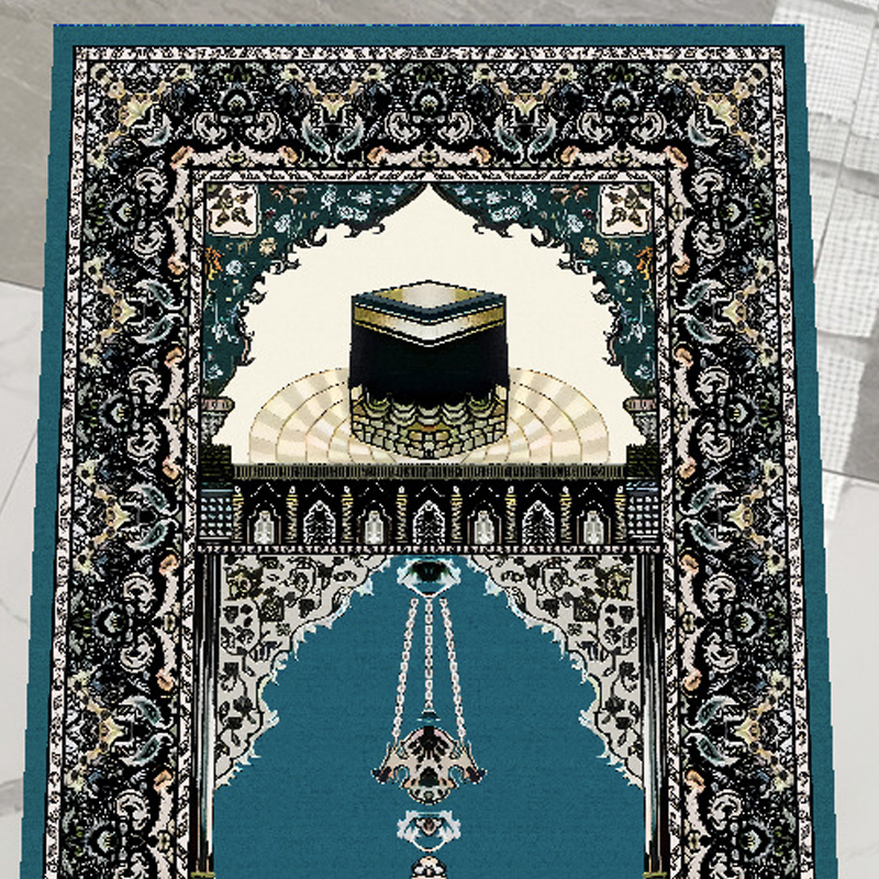Tapis de prière Islam style persan bleu canard Kaaba