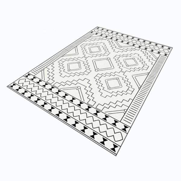 superbe tapis de prière rectangle de 80x120 cm, blanc avec des motifs géométriques élégants façon nordiques. Epuré, chic, minimaliste.
