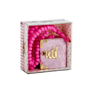Coffret mini Coran rose et chapelet rose emballés dans un coffret assorti