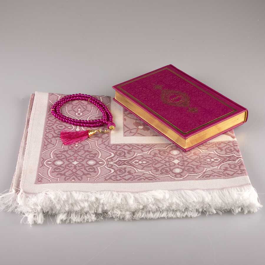 Coffret de prière : Coran, tapis et chapelet rose