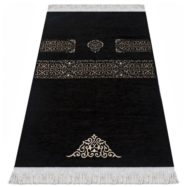 Superbe tapis de prière noir à franges blanches avec des motifs orientaux blancs.