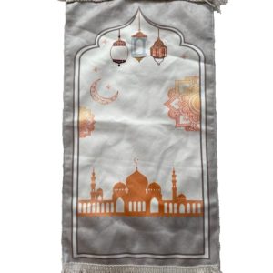 Joli tapis de prière pour enfant gris avec un motif de mosquée dorée.