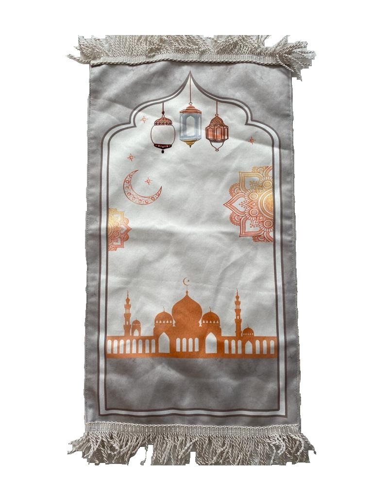 Joli tapis de prière pour enfant gris avec un motif de mosquée dorée.