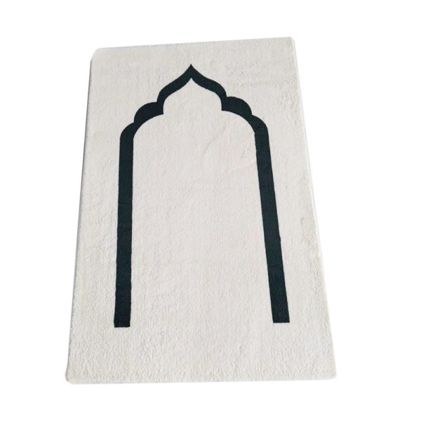 Joli tapis de prière blanc à l'aspect doux et moelleux pourvu d'un motif bleu marine minimaliste en forme de porte
