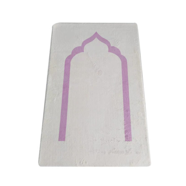 Très beau tapis de prière doux et épais, blanc avec un motif en forme de porte violet.