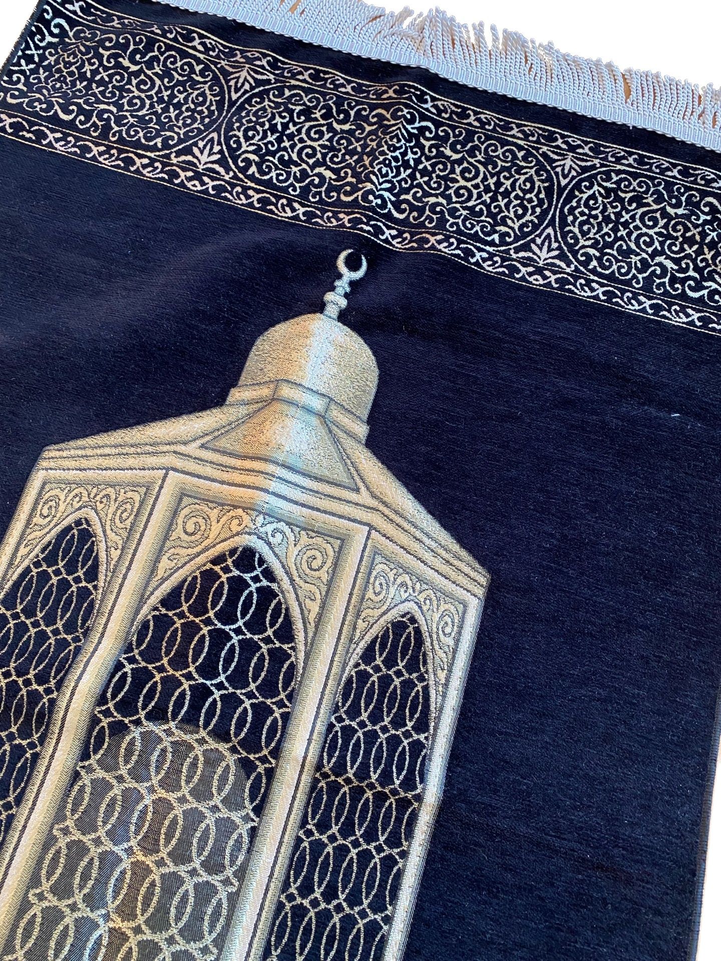 Tapis de prière noir en coton avec chapelet