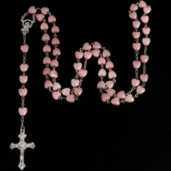 Chapelet catholique perles en coeur rose