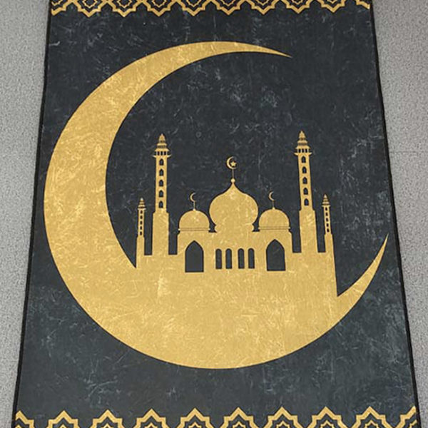 Tapis de prière noir et doré croissant de lune et mosquée