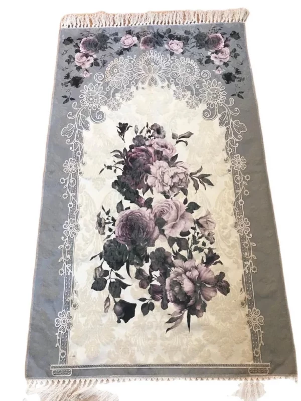 Joli tapis de prière gris buccolique motif roses, très romantique, fleuri pour femmes
