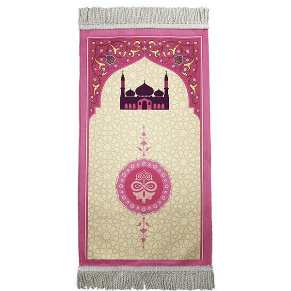 Tapis de prière pour enfant rose avec un motif de mosquée.