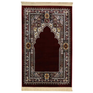 Tapis de prière rouge bordeau de style persan. Un tapi à franges dorée avec des motifs multicolore