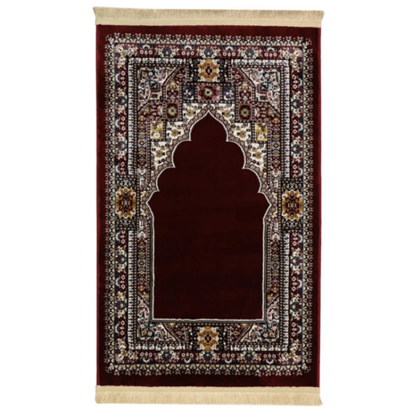 Tapis de prière rouge bordeau de style persan. Un tapi à franges dorée avec des motifs multicolore
