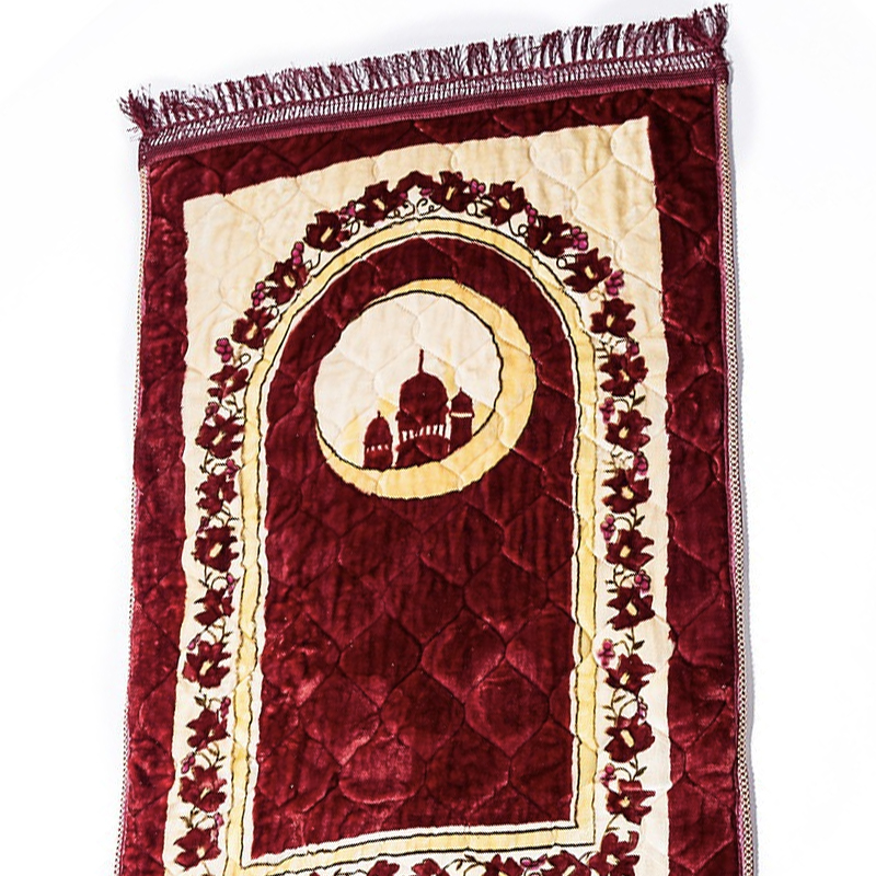 Tapis de prière en velours épais rouge croissant de lune et mosquée