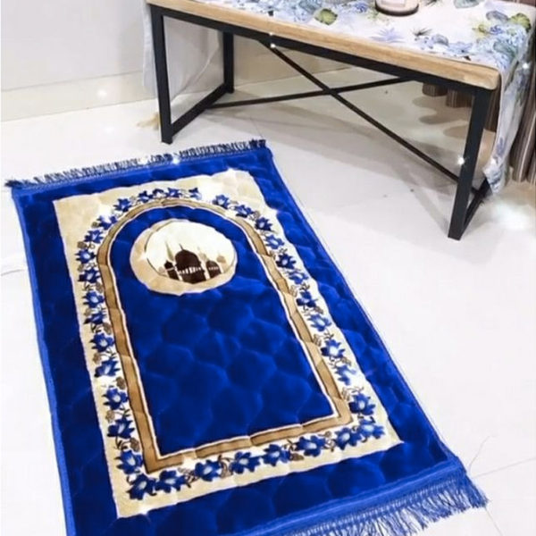 Tapis de prière en velours épais bleu croissant de lune et mosquée