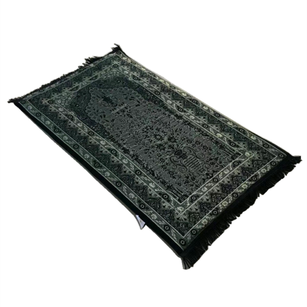 Tapis de prière noir avec une housse à memoire de forme à l'intérieur. Ce tapis a des motifs persan