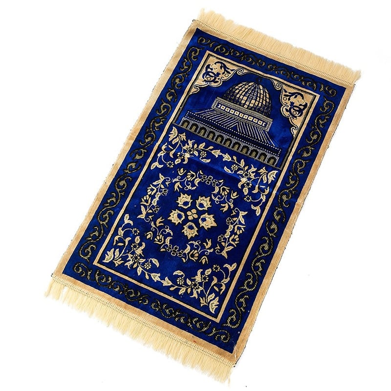 Tapis de prière bleu à frange avec motifs fleuris